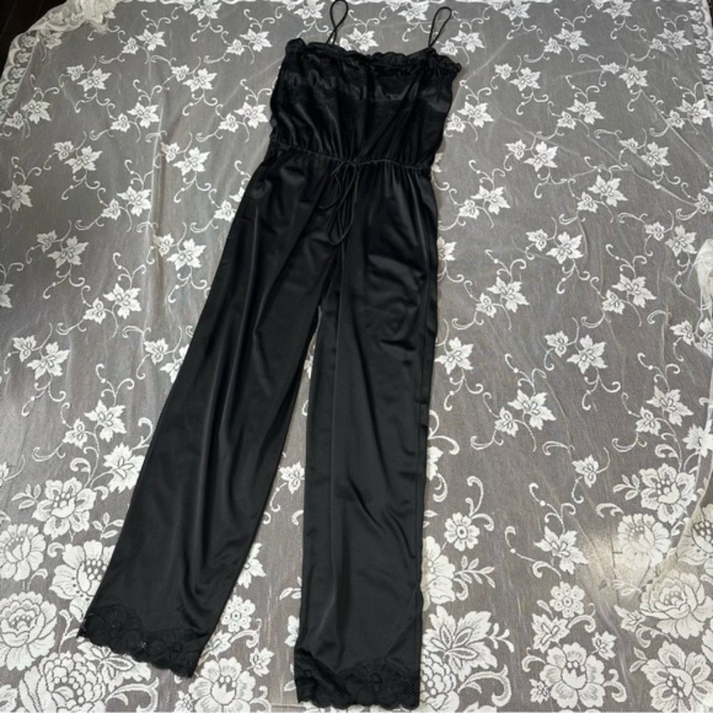Vintage Black Lace Trim Satin One Piece Jumpsuit Pyjama